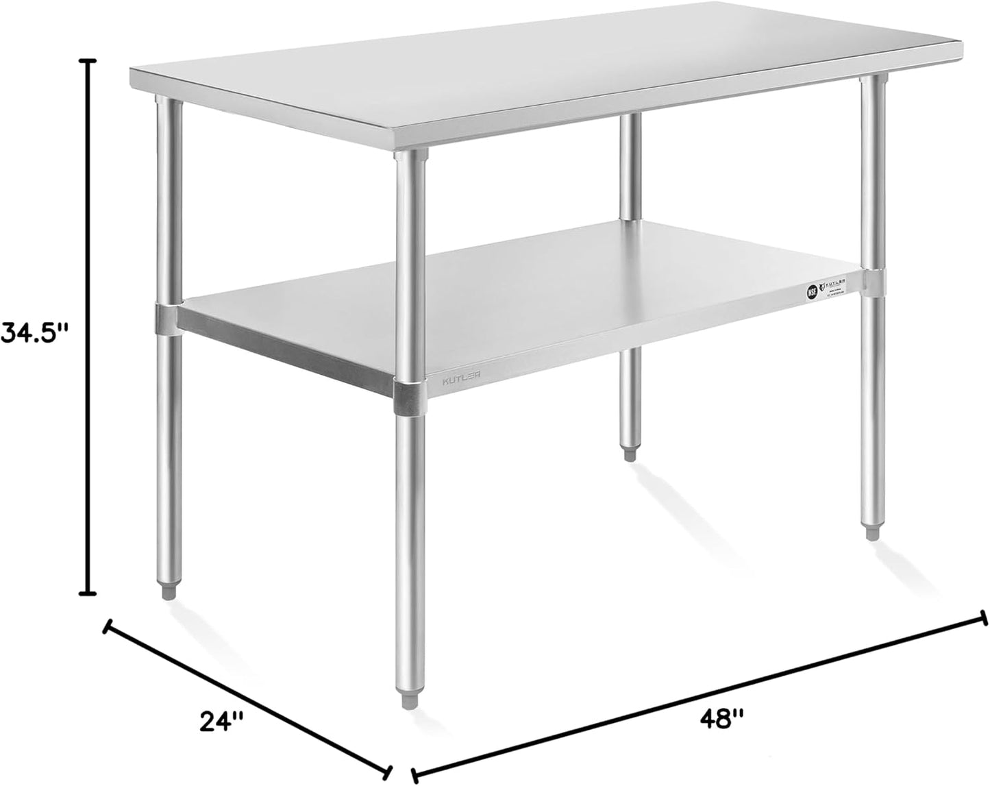 KUTLER Stainless Steel Table 24 x 48 Inches, NSF Heavy Duty Commercial Kitchen Prep and Work Table with Undershelf for Restaurant, Hotel, Home