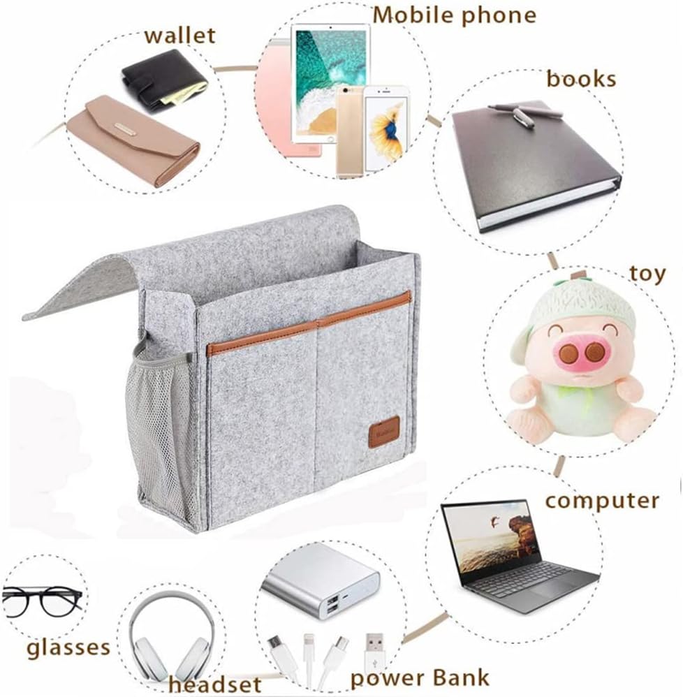 Bedside Caddy,Felt Bedside Storage Organizer, Hanging Storage for Dorm Bed Sofa for tablet Magazine Phone Remotes Water Bottle Holder (Grey)