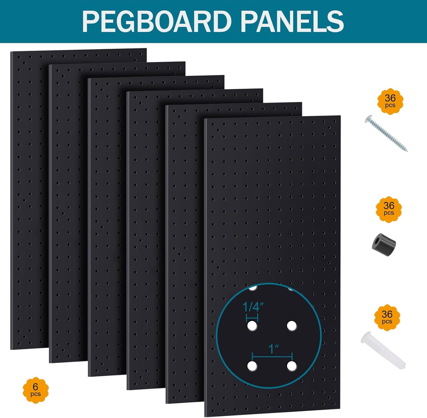 Metal Peg Board Kit with 1/4" Pegboard Accessories, 6 Pack 12"X24" Pegboard and 264PCS Extra Thick Pegboard Accessories,Wall Organizer Peg Board Panels Tool Organizer Storage System (Black)
