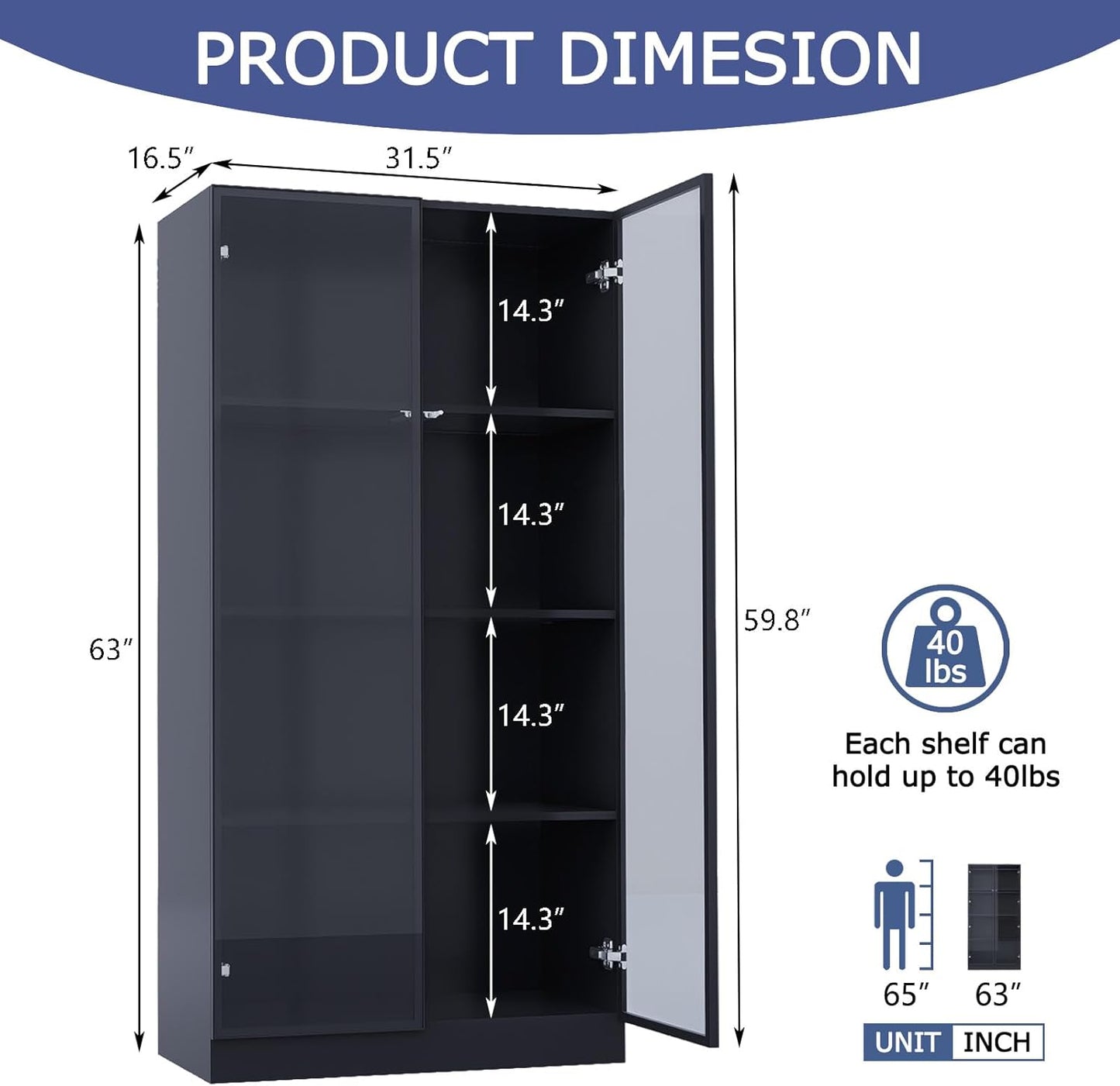 Glass Display Cabinet with LED Lights, Display Case Bookcase with 4-Tier Shelves, Curio Cabinet with 2 Glass Doors, Storage Cabinet for Collectibles, Living Room