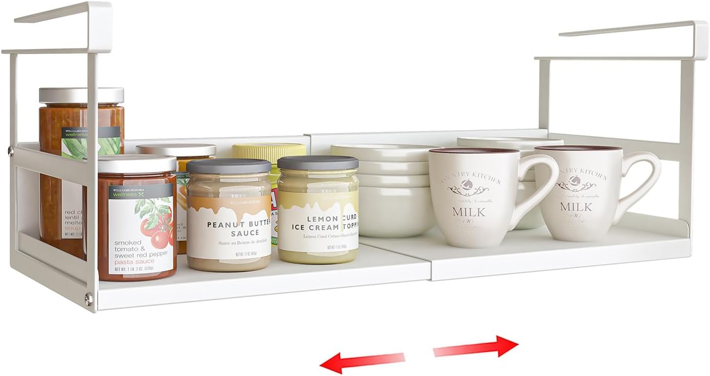 Expandable Under Cabinet Shelf Organizer with 0.94-Inch Thick Clips, Heavy Duty Extendable Under Shelf Storage Basket for Pantry or Laundry Room, White, 1 Pack, Interior: 5.7" H x 7.2" D