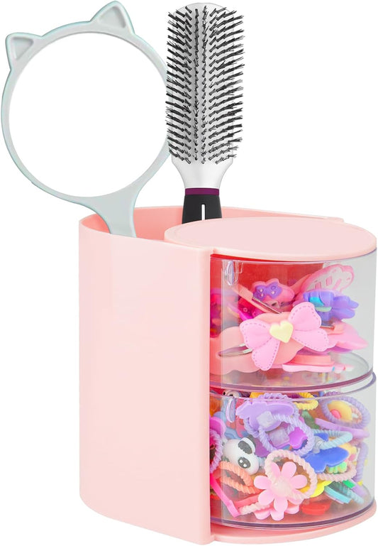 Luscinia Hair Accessories Organizer with Hair Brush Holder, Rotatable Makeup Brush and Jewelry Storage Box for Hair Clips, Earrings, Necklaces, Bracelets, Rings, and Daily Accessories (Pink, 2-Layer)