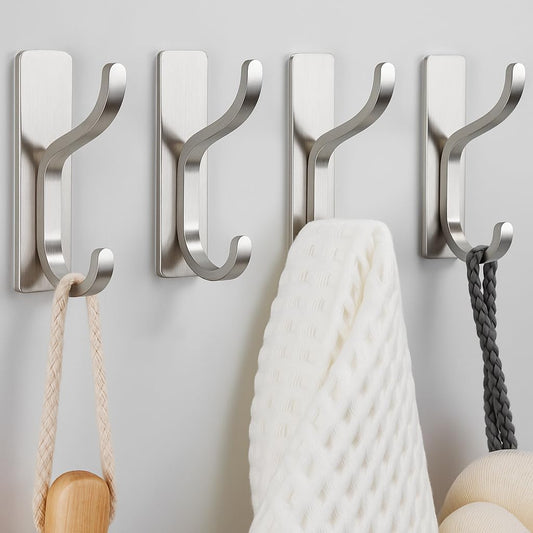 pickpiff Adhesive Wall Hooks for Hanging Towels - Heavy Duty Stick On Hooks, Strong Hold up to 13 lbs, Hangers for Coats, Bags, Purses, Ideal for Door, Closet, or Bathroom, Brushed Silver,4 Pack