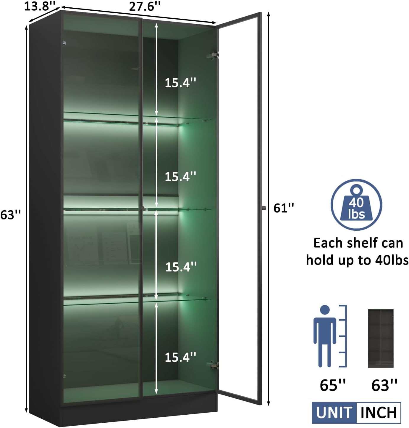 Display Cabinet with LED Lights, Display Case with 4-Tier Glass Shelves & 2 Glass Doors, Curio Cabinet for Collectibles, Living Room