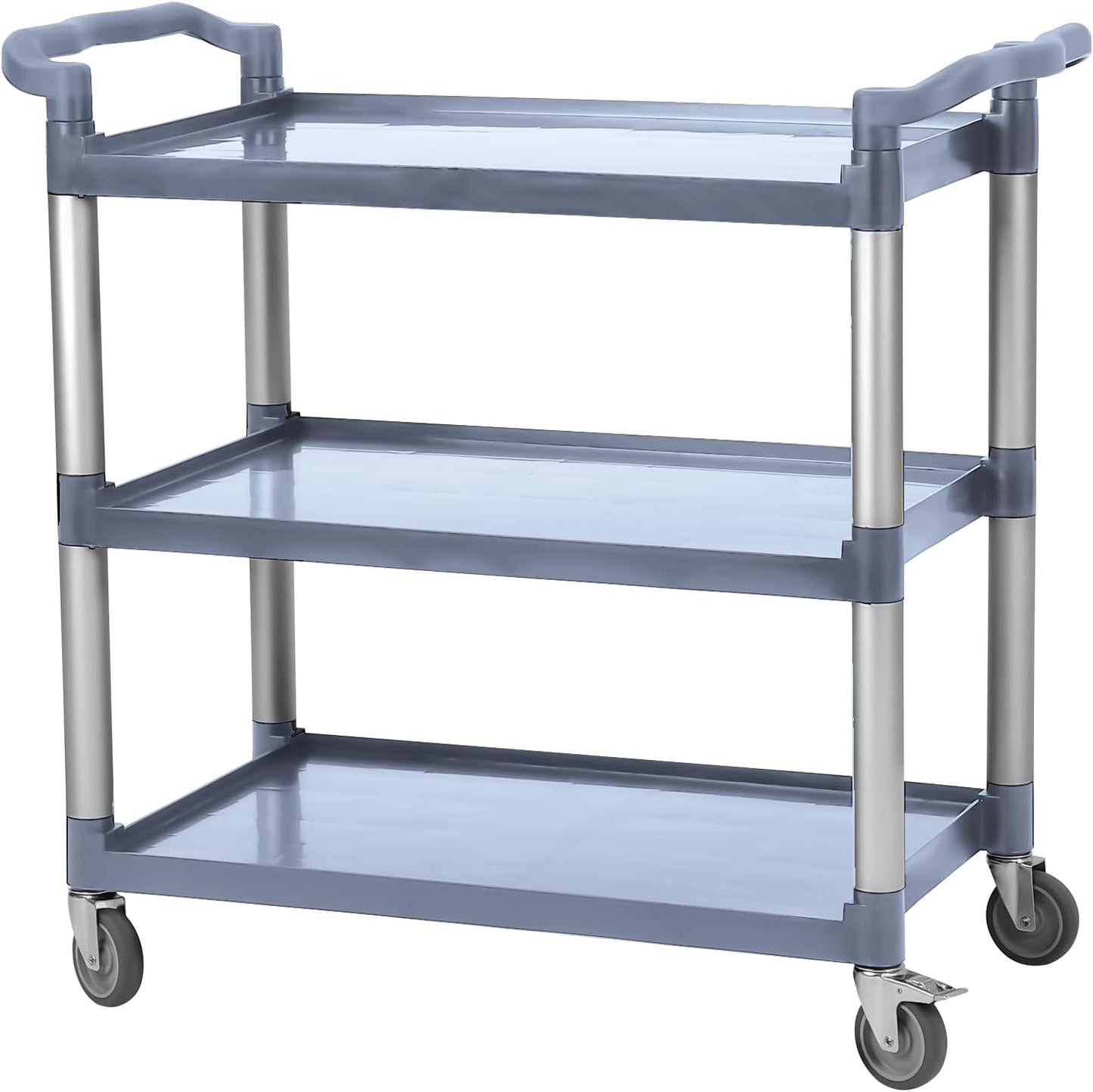 3-Tier Heavy Duty Utility Cart with Wheels, 43" Lx 21" W x 38" H, Durable Rolling Cart for Restaurant, Office, Kitchen, and Warehouse Use, Lockable 360° Swivel Casters Service Cart, Grey