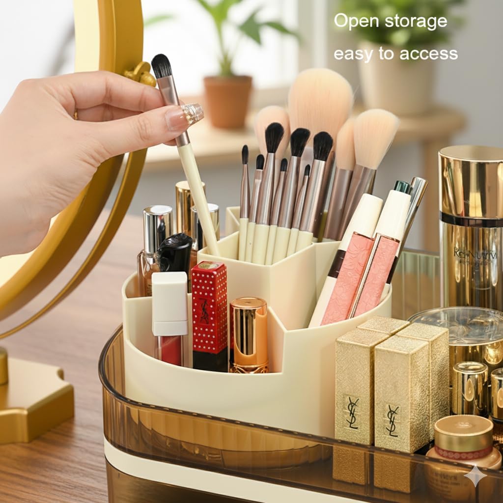 Large Plastic Makeup Organizer with Rotating Brush Holder for Vanity - Bathroom Countertop Skin Care Storage, Easy for Lipsticks, Nail Polishes, Perfumes & Eyeshadow Palettes