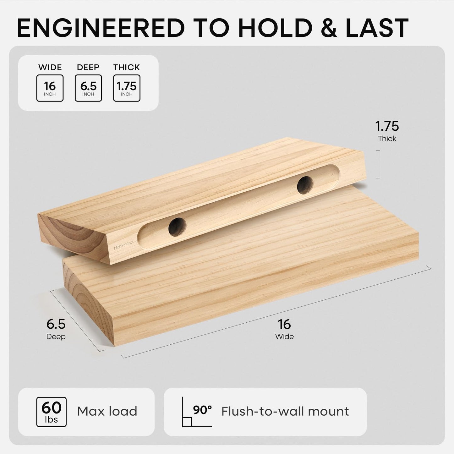 Homeforia 16 inch Natural Floating Shelf, High End Solid Real Wood 16inch Small Floating Shelves for Wall Mounted, Natural Wooden Floating Shelves, Heavy Duty Bracket, 16 X 6.5 X 1.75 in, Set of 4