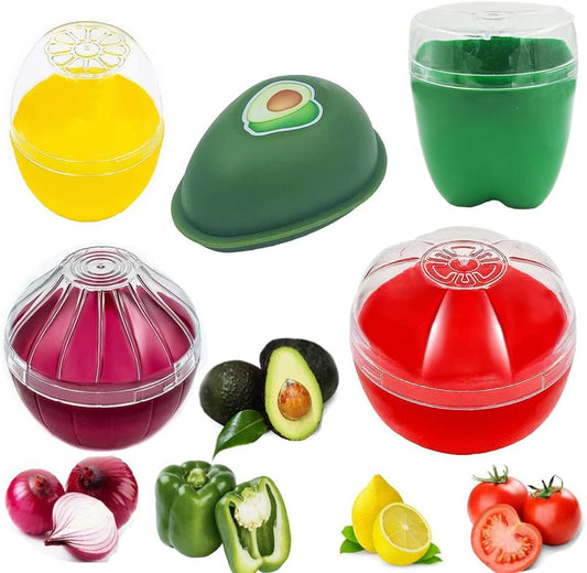 5 Pieces Fruit and Vegetable Shaped Savers Keepers Storage Containers for Fridge, Avocado Green Pepper Tomato Lemon and Onion Keeper/Saver/Holder, Refrigerator Vegetable Crisper