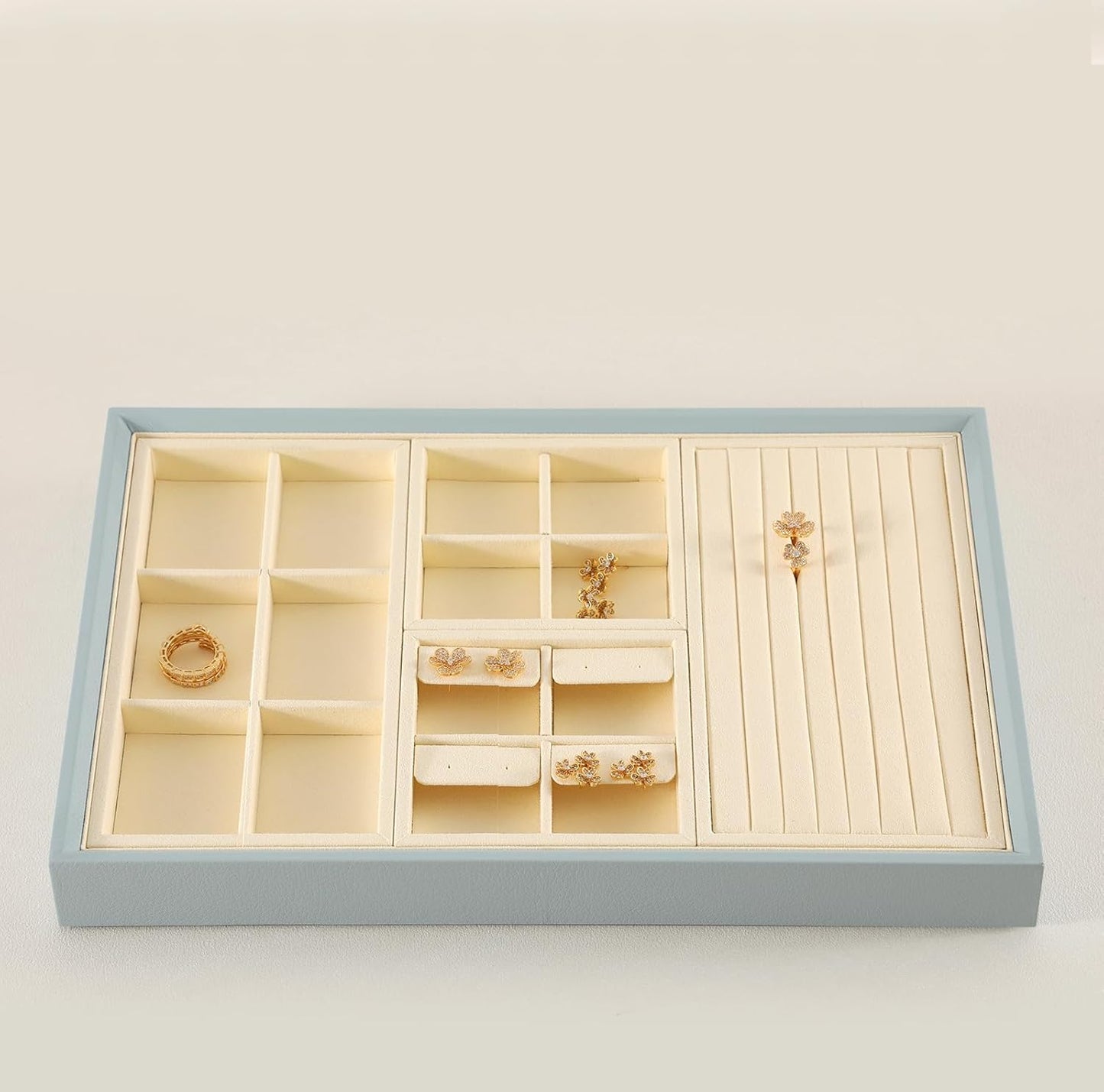 Dark Blue Jewelry Display Tray Ring Necklace Earring Bangle Organizer Multifunctional Storage Case for Jewelry Showcase (Small 4 Grids Earrings Tray(beige))