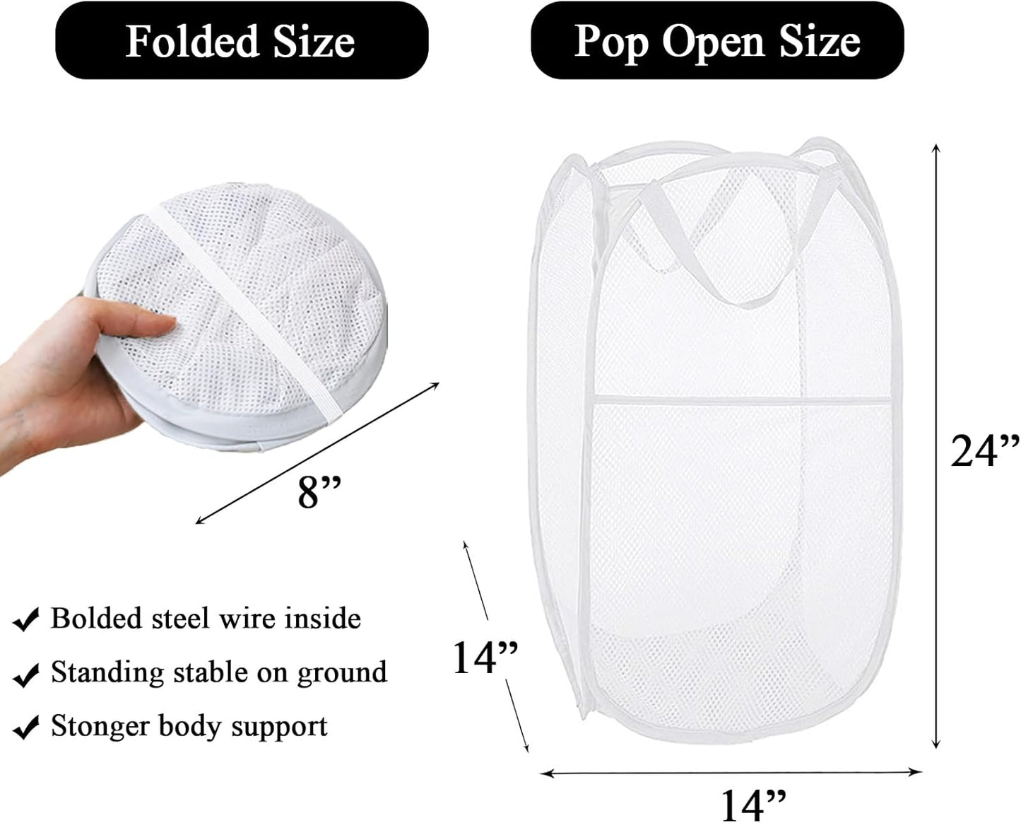 Larpur Pop Up Laundry Hampers, Portable Mesh Laundry Baskets, Collapsible Clothes Laundry Bin for Bedroom, Travel, Bathroom, College Dorm, White - 2 Pack