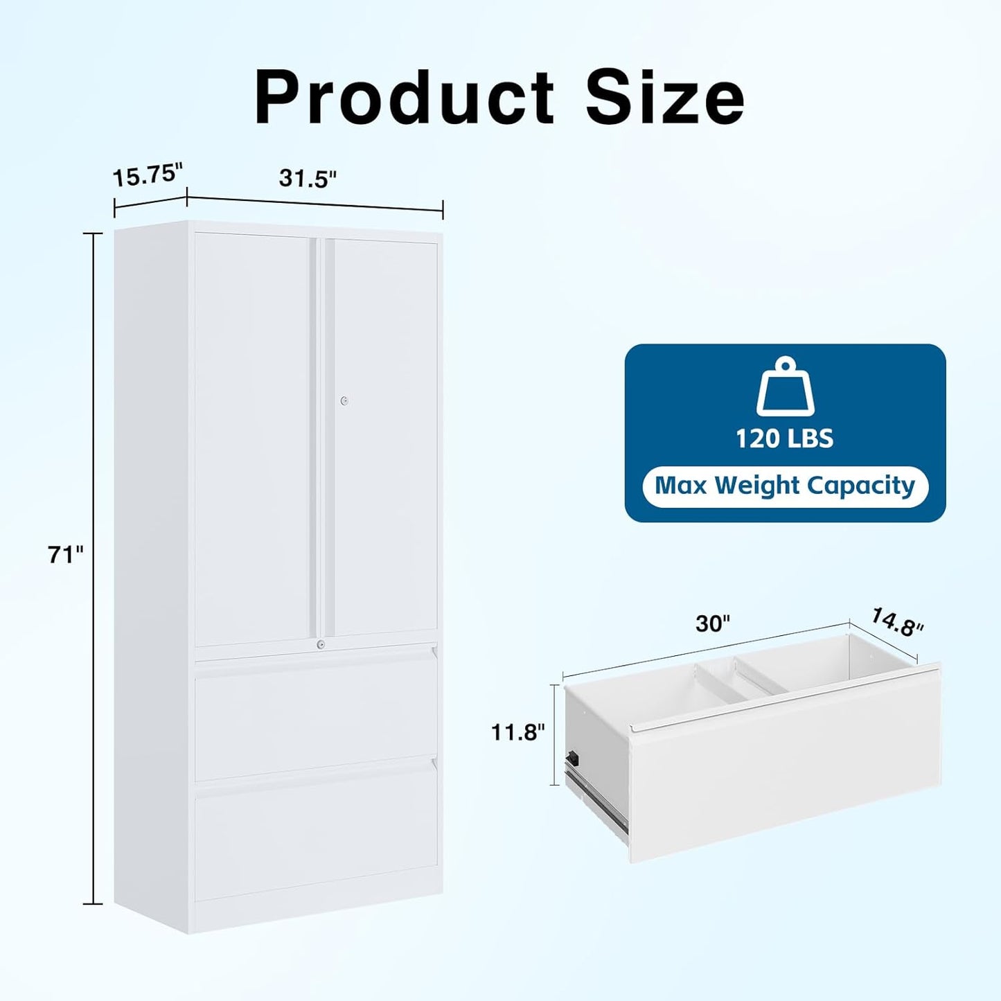 2-Drawer Metal File Cabinet, Lateral Vertical Filing Cabinets for Home Office, Locking File Cabinet with Storage Shelves, Legal/Letter/A4 Size (White, Assemble Required)