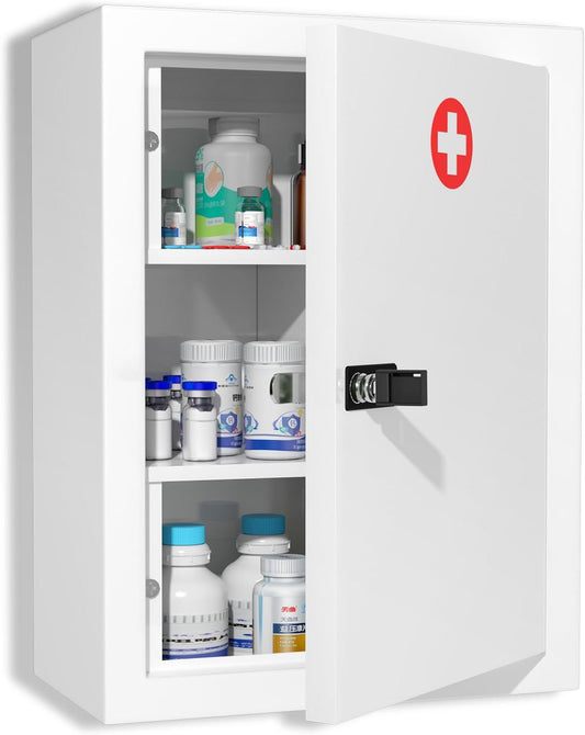Wall-Mount Locking Medicine Cabinet: Large Metal Storage Organizer Box with Combination & Key Lock - First Aid Medicine Cabinet 3-Compartment Design for Bathroom Home (15.75" H x 11.82" W x 4.72" D)