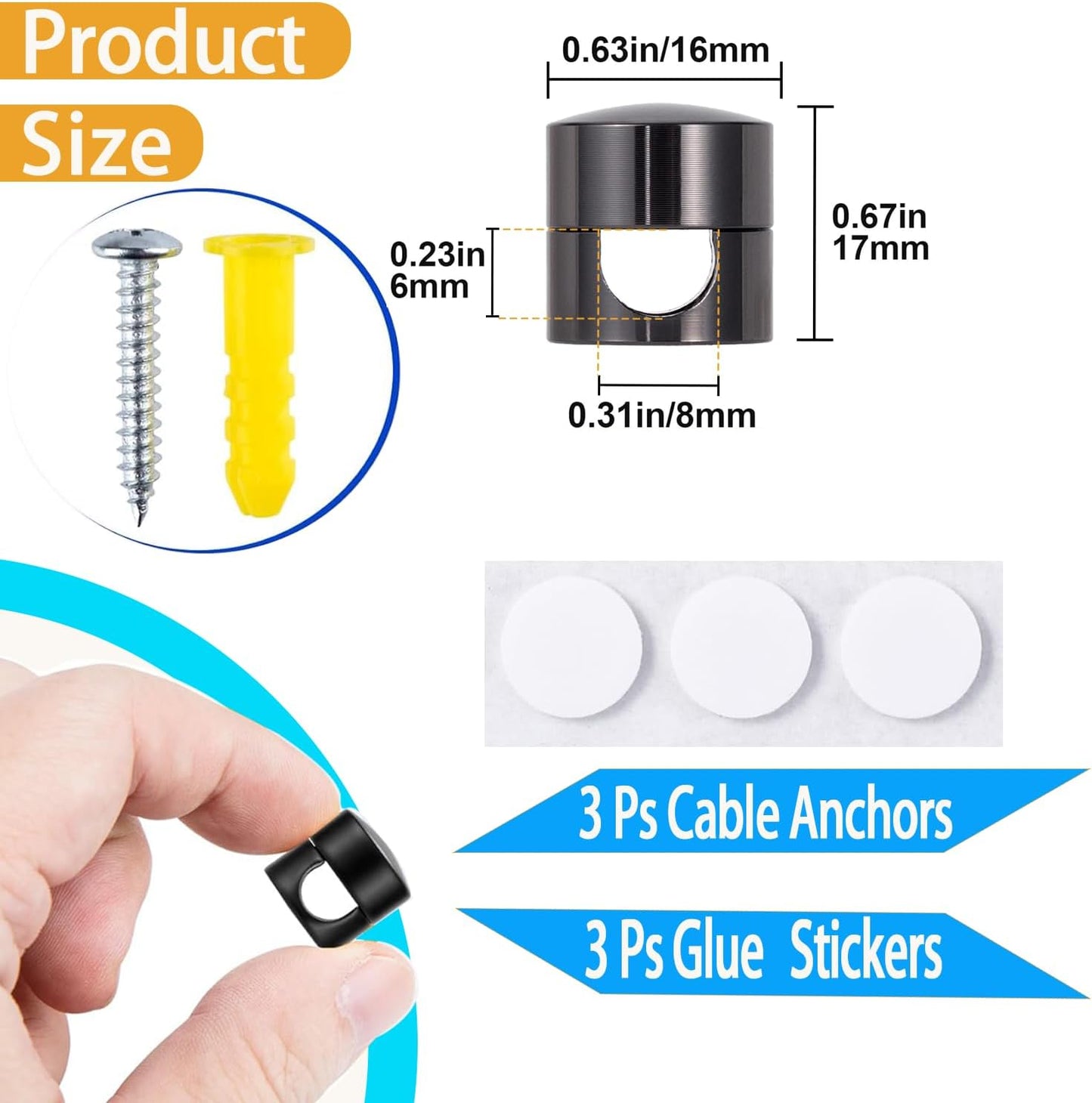 3 Sets Charger Cord Holder, Glossy Black Metal Adhesive Cable Management Clips,Adjustable Cable Anchor Holders,Wire Organizer for Desk, Wall, Home, Office