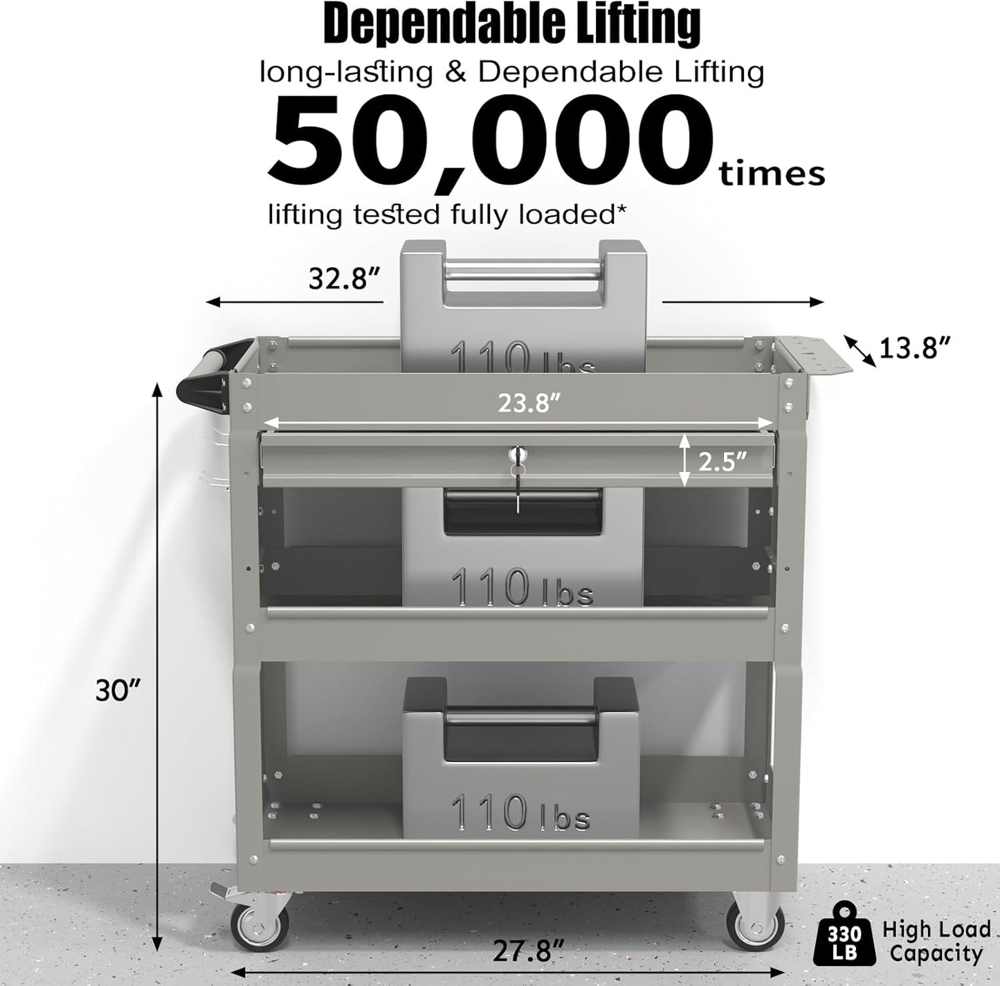 3-Tier Rolling Tool Cart, Metal Heavy Duty Utility Cart on Wheels with Lockable, 330 lb. Load Large Storage Capability Tool Cart for Garage, Warehouse, Repair Shop（Gray）