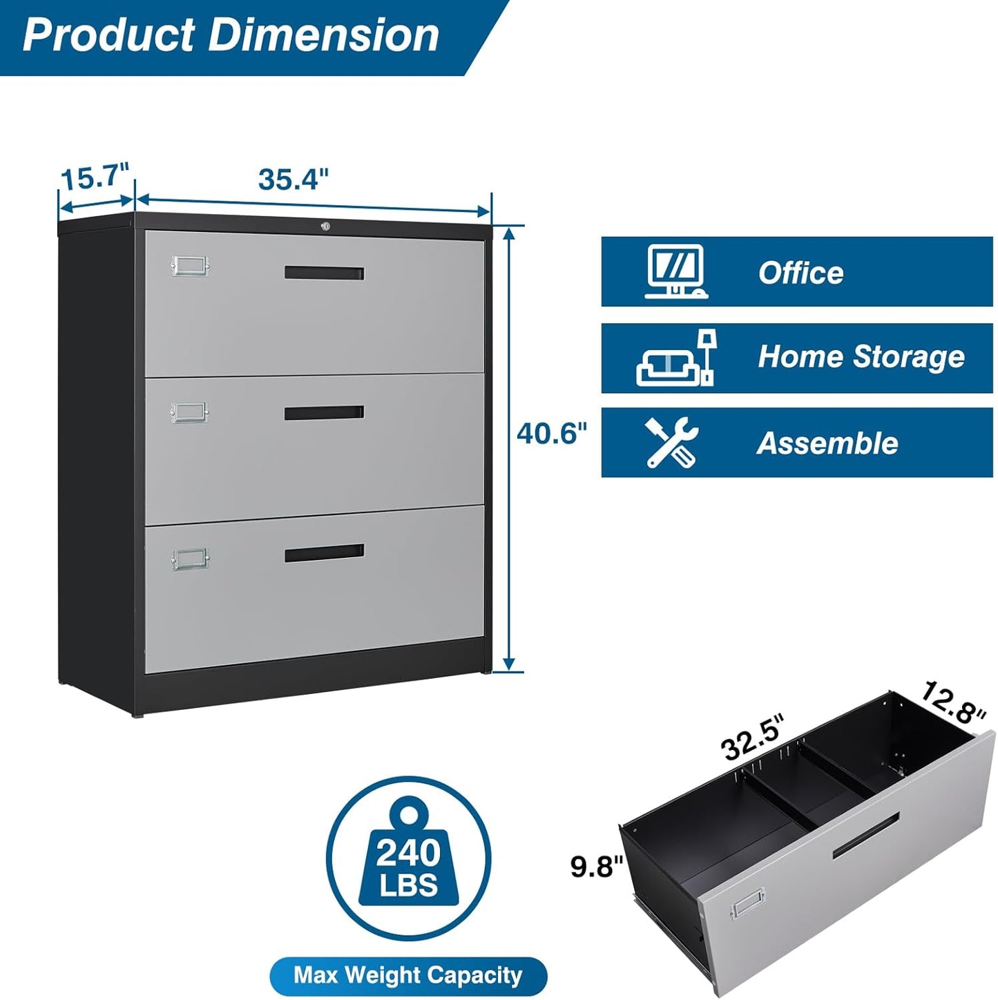 3 Drawer File Cabinet, Lateral Filing Cabinets for Home Office, Office Storage Drawers with Lock, Hanging Files Legal/Letter A4 Size (Assemble Required,Black Grey)