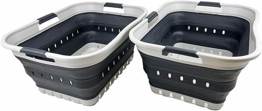 SAMMART 42L (11 gallon) Collapsible Plastic Laundry Basket - Foldable Pop Up Storage Container/Organizer - Portable Basket - Space Saving Hamper/Basket (Grey/Charcoal Black (Set of 2))