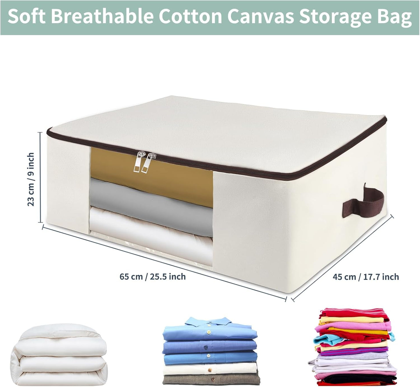 iwill CREATE PRO 2-Pack 65x45x23cm Cotton Canvas Storage Bags with See-Through Window - Soft, Durable & Space-Saving for Clothes, Blankets, Pillows