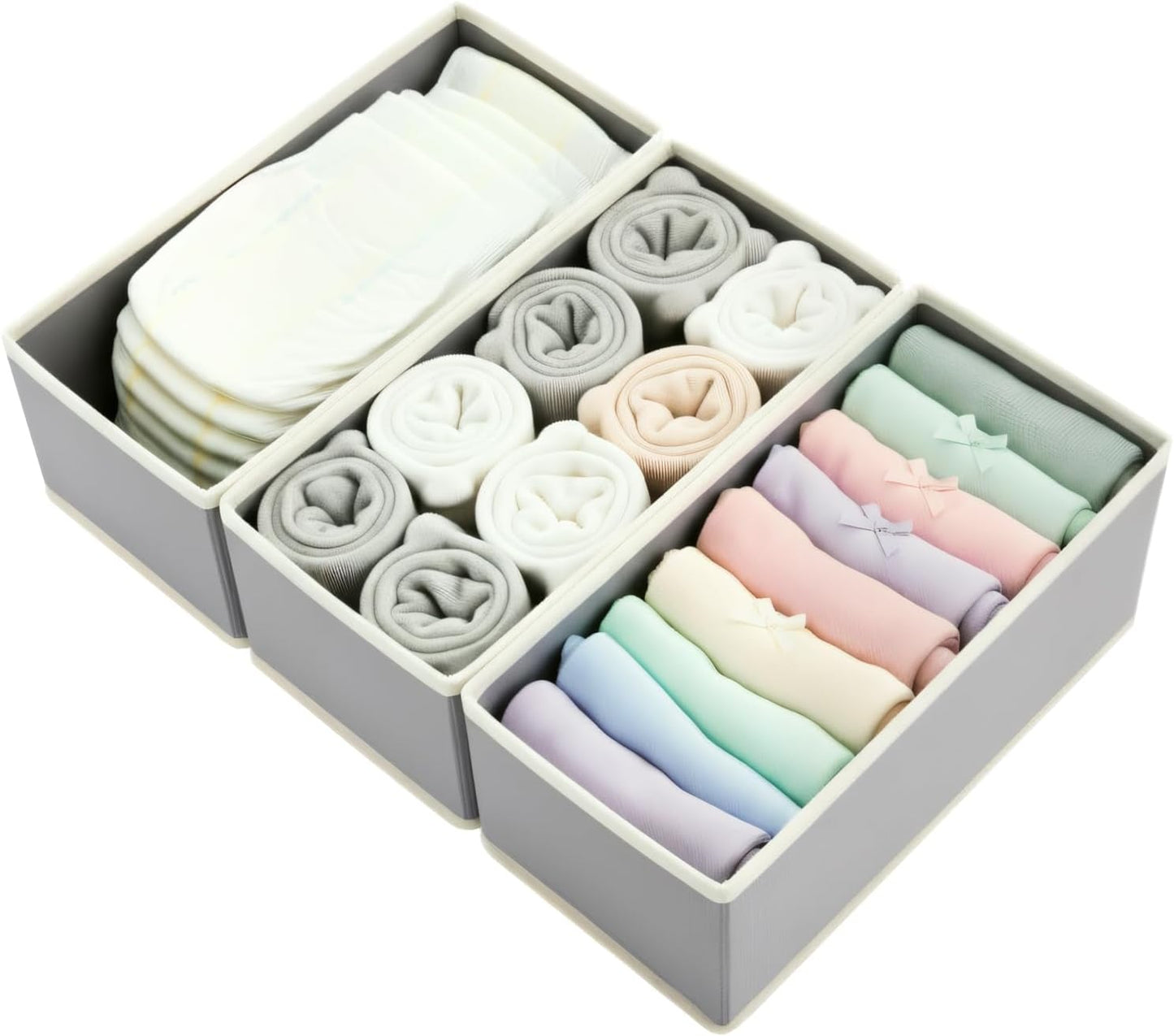 Sock Drawer Organizer 3-Pack Light Gray - Small Storage Bins for Underwear Clothes, Foldable & Removeable Fabric Dividers for Closet
