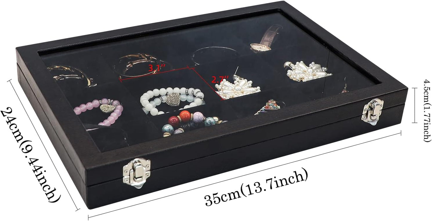 Wudygirl Jewelry Tray 12 Grid Jewelry Organizer with Clear Lid Bracelet Holder Organizer Display Case Removable, Black Velvet (12 Grid)