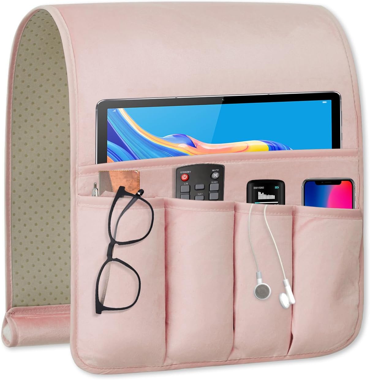 Remote Control Holder for Armchair，Couch Caddy Organizer TV Remote Holder for Bed Storage 5 Pockets，Remote Caddy Bedside Organizer Bedside Table Organizer (Pink, 35"x12.4")