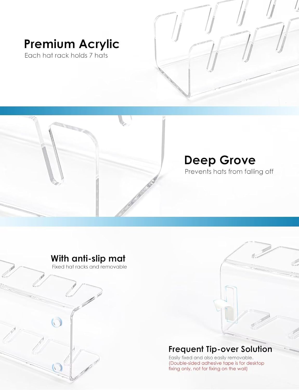 OAPRIRE Hat Stand for Baseball Caps, No-Install Acrylic Hat Organizer and Display for Closet/Desktop, Baseball Hat Storage Holds 14 Caps, Space Saver Hat Rack Hat Holder (2 Pack, Clear)