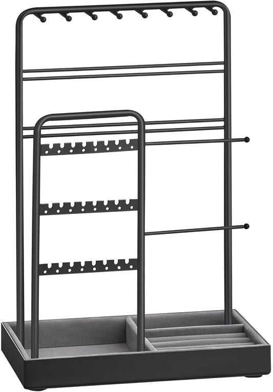 SONGMICS Jewelry Holder, Jewelry Organizer, Jewelry Display Stand with Metal Frame, Velvet Tray, Necklace Earring Bracelet Holder, for Studs, Rings, Christmas Gift, Ink Black UJJS021B01