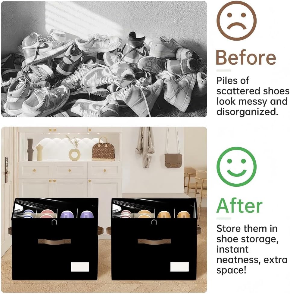 Shoe Organizer for Closet, 2 Pack Foldable Shoe Storage Containers, Fits up to 16-32 Pairs, Shoe Storage Organizer Box Cubby Baskets Bins with Clear Cover and Reinforced Handles, Black
