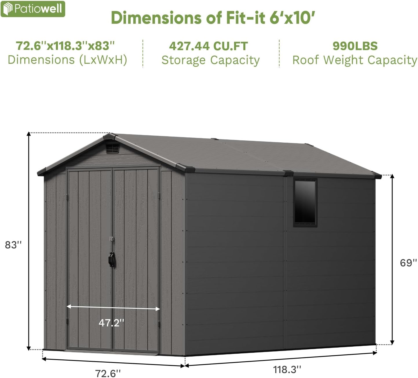 Patiowell 6x10FT Outdoor Storage Shed with Floor, Plastic Resin Garden Shed with Lockable Door, Windows, Weather-Resistant for Lawn Mower, Tool & Backyard Storage (Dark Grey)