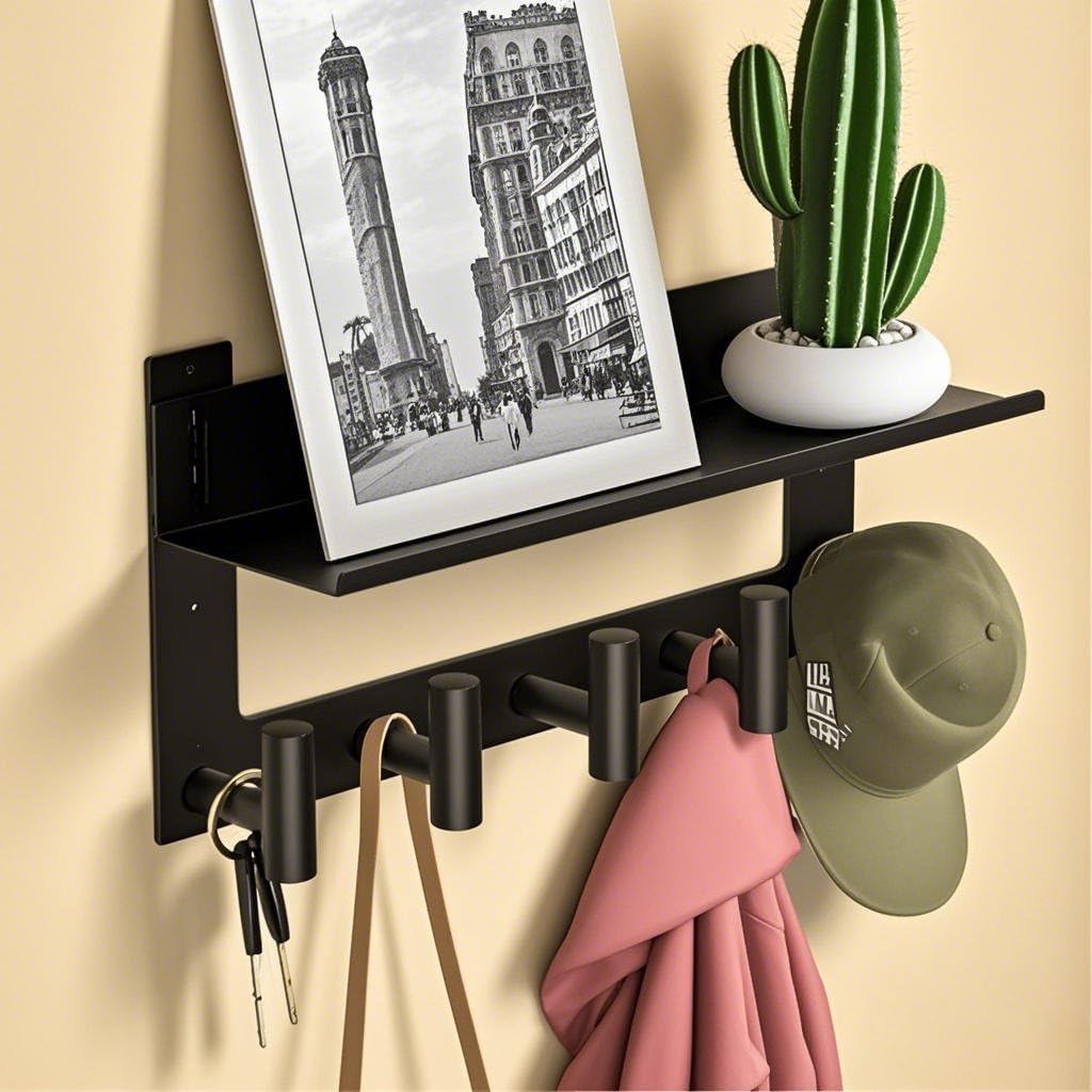 VAEHOLD Wall-mounted Coat Rack with Shelf Wall Hooks with Upper and Lower Double Storage Entryway Shelf with 5 Stainless Steel Hooks to Hang Clothes Towels Bathrobe Purse(Black)