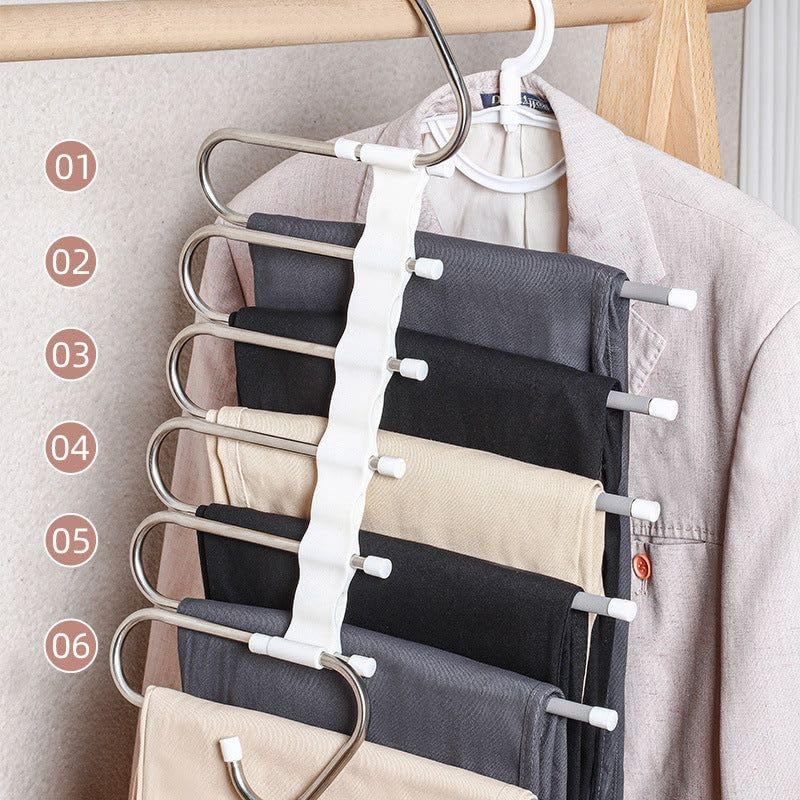 Space-Saving 6-Tier Metal Pants Hanger with Non-Slip Coating, Pack of 2, 12 Hooks Included, Stainless Steel Design, Can Reduce 80% of Clutter, for Holidays - White