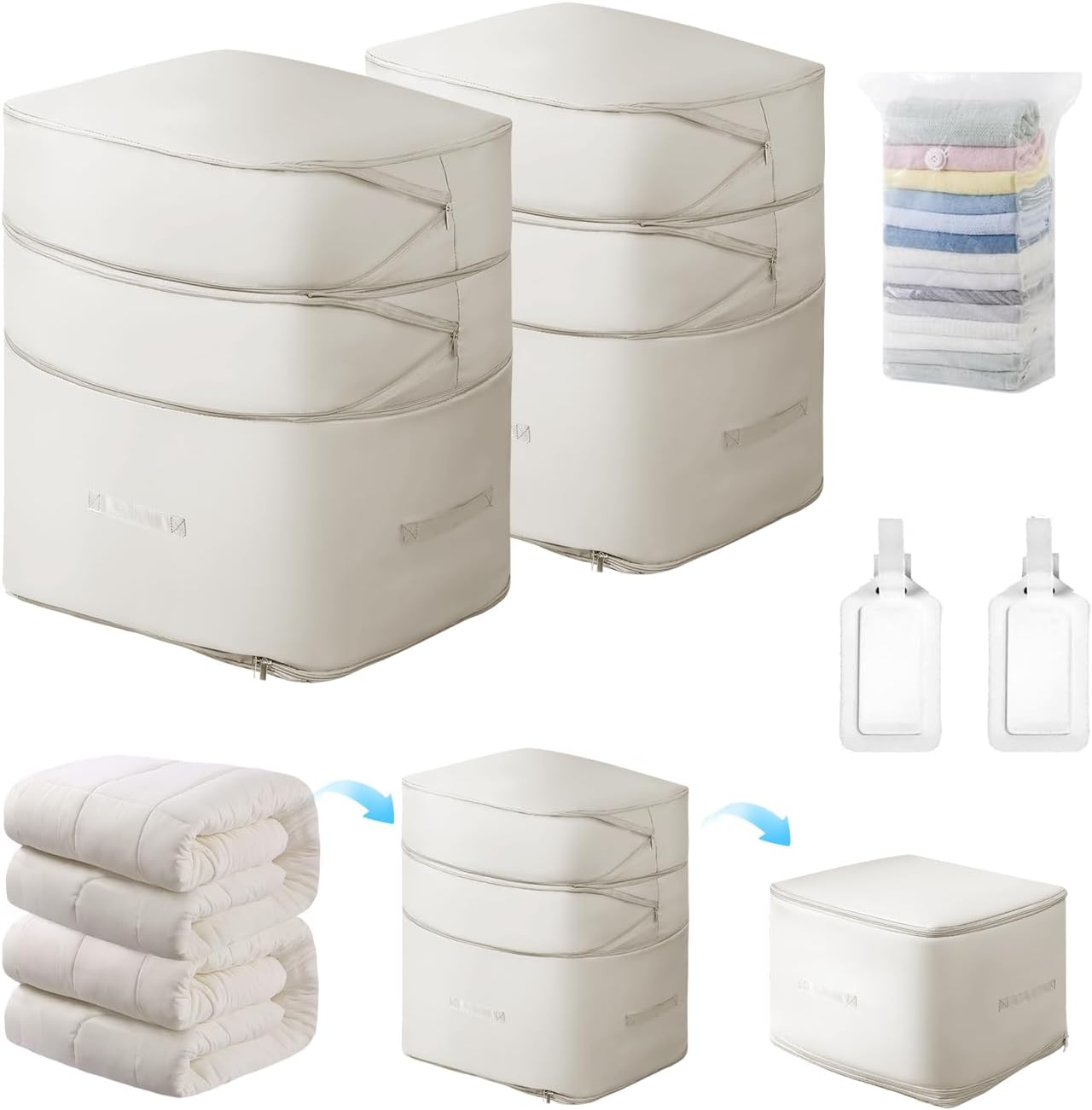 Comforter Storage Bag-Ultra Space Saving Large Self Compression Organizer for Comforters and Blanket,3-Layer Zipper Self-Compressing Organizer for Storage Bedding. (Beige, 2 Pack)