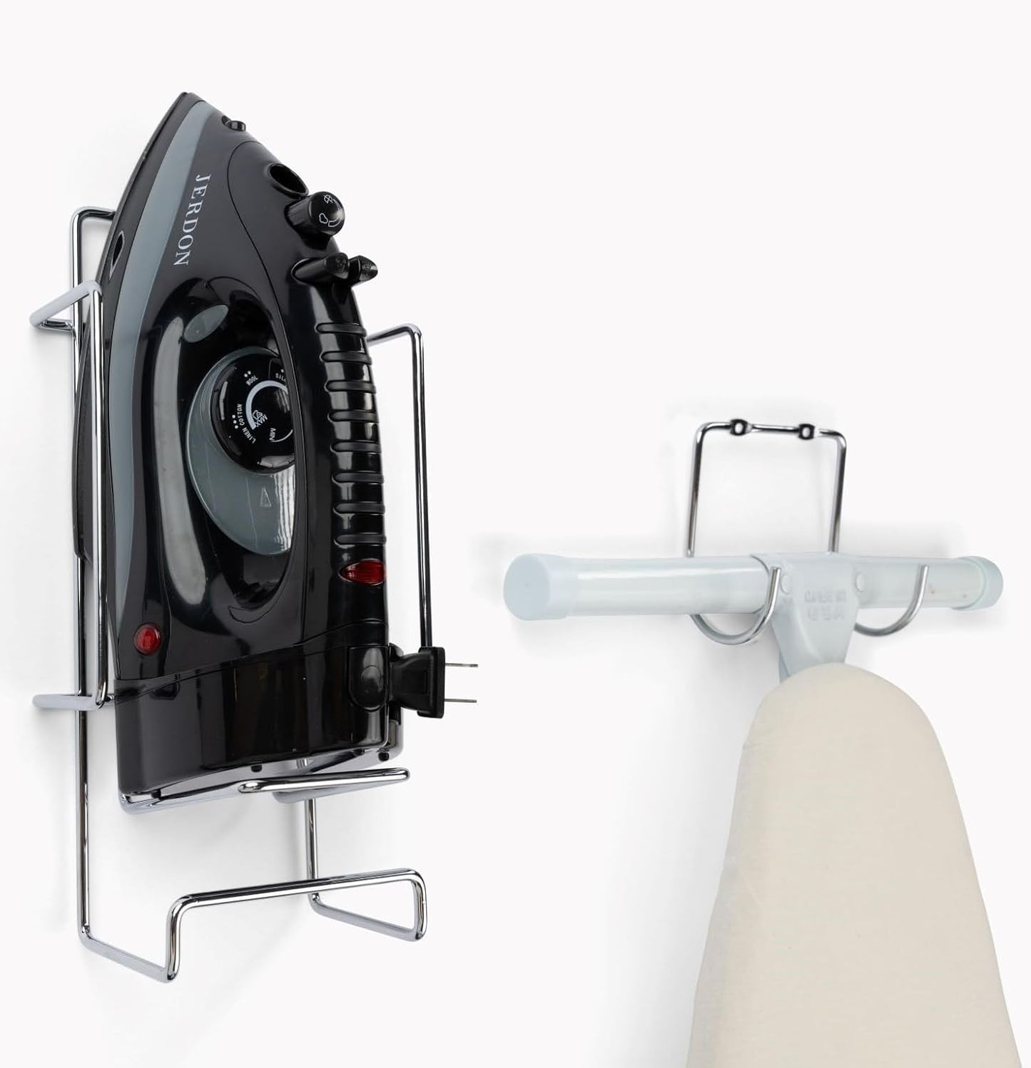 JERDON Ironing Board Holder and Iron Caddy - Stainless Steel Iron Holder with Hook - J525C