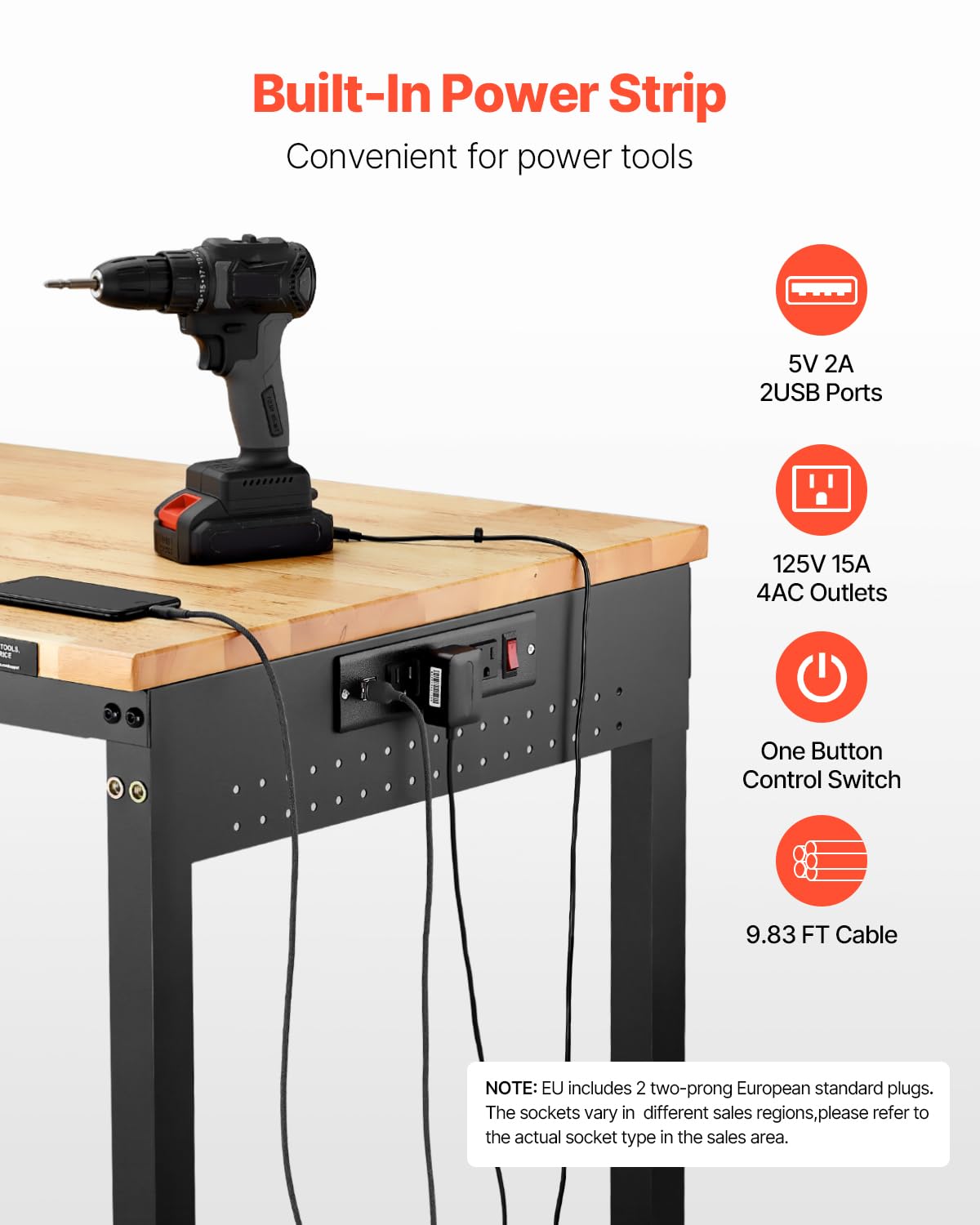 VEVOR Adjustable Workbench, 48-Inch Work Bench with Power Outlet, Wheels, and Pegboard, 2000 lbs Load Heavy Duty Oak Wood Top Work Table for Garage, Workshop, Office, and Home