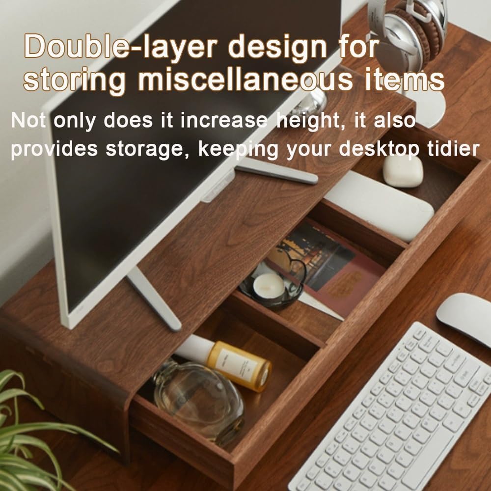 Solid Wood Monitor Stand for Saving Space, Monitor Riser with Storage, 2 Tier Computer Stand with Drawer, Multifunctional Desk Organizer for Home, Office(60cm-23.6in)