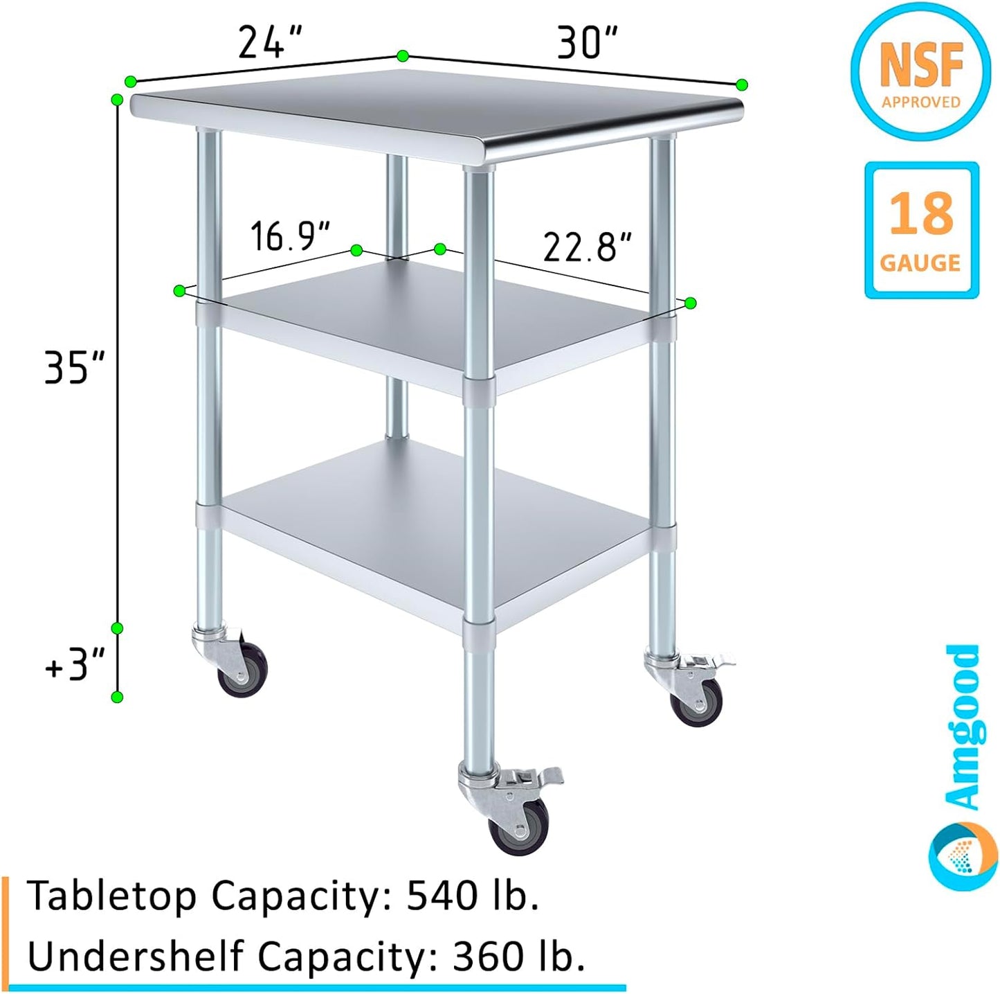 AmGood Stainless Steel Work Table with 2 Shelves and Casters (Stainless Steel Work Table with 2 Shelves + Casters, 24" Long x 30" Deep)