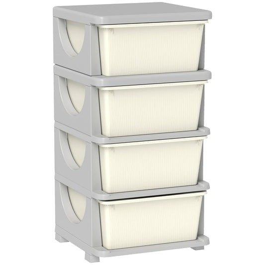 Qaba 4 Tier Kids Storage Unit, 4 Drawer Chest Toy Organizer Plastic Bins for Kids Bedroom Nursery Kindergarten Living Room for Boys Girls Toddlers, Cream White