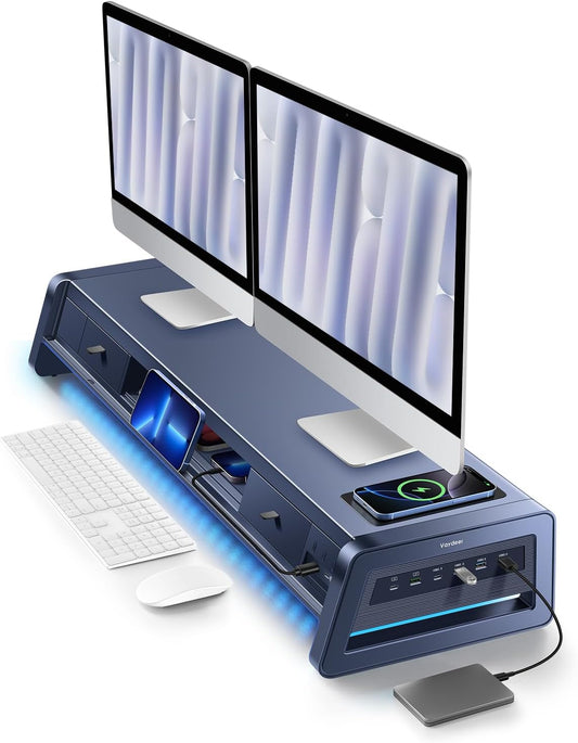Vaydeer All-in-One Dual Monitor Stand Riser with 2 Drawers, 8USB Ports and Wireless Charging Pad with LED Light Strip for 2 Monitors , Desk Organizer for PC, iMac (Metal, 39.3 inches)