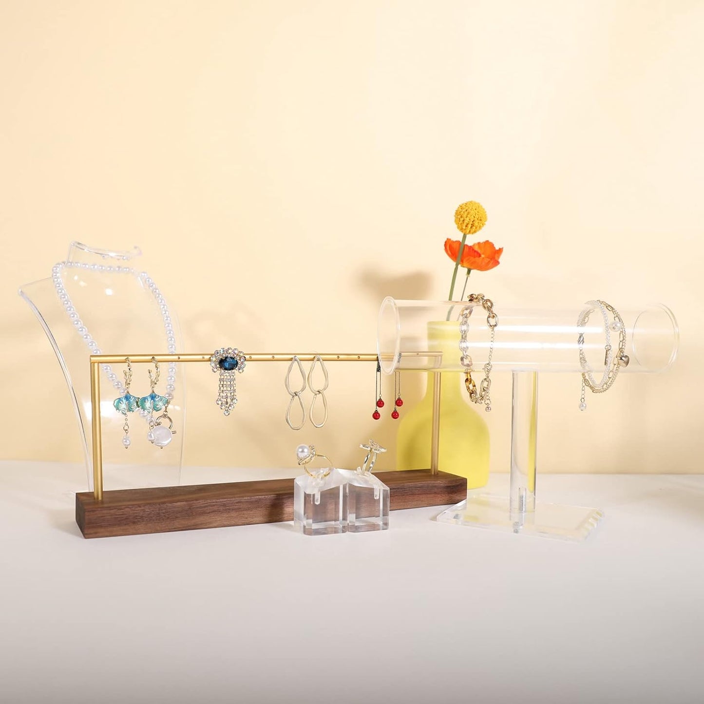 GemeShou wooden earring holder organizer for girls, walnut stud earring display stand for boutique store, jewelry storage organizer shelf【Walnut stand-One Tier】