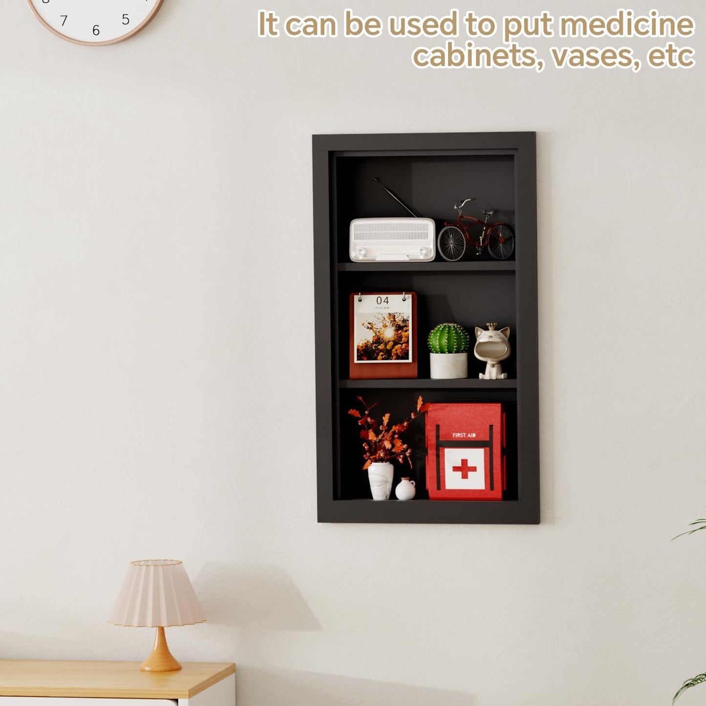 Solid Wood 14 X 24 Recessed Medicine Cabinet,3-Tier, Medicine Cabinet Organizer,Wall Niche, Bathroom Wall Cabinet, Recessed Bathroom Cabinet,recessed Wall Cabinet, Black