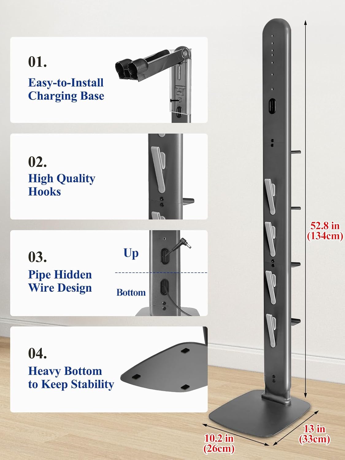 Metal Vacuum Stand for Dyson Gen5 V15 V12 V11 V10 V8 V7 V6 Cordless Vacuum Organizer with 4 Hooks & 4 Shelves, Hidden Cable Design, Space-Saving Attachment Holder for Dyson Cordless Vacuums