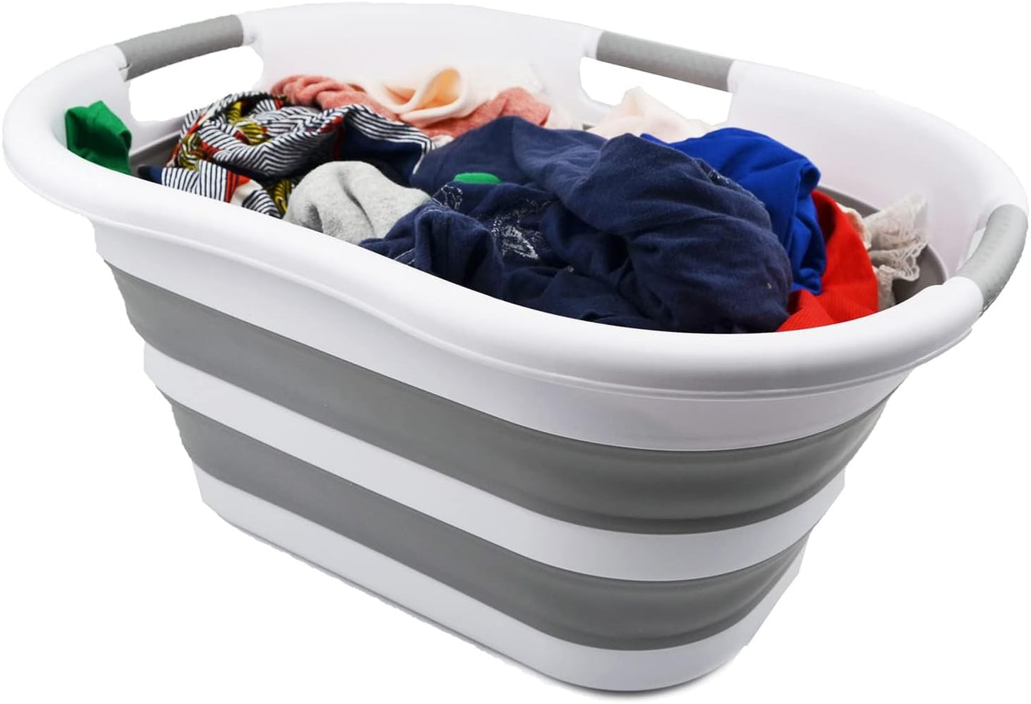 SAMMART 40L (10.5 gallon) Collapsible Plastic Laundry Basket - Space Saving Storage Container - Portable Washing Tub - Foldable Pop Up Hamper/Basket (1, White/Grey)