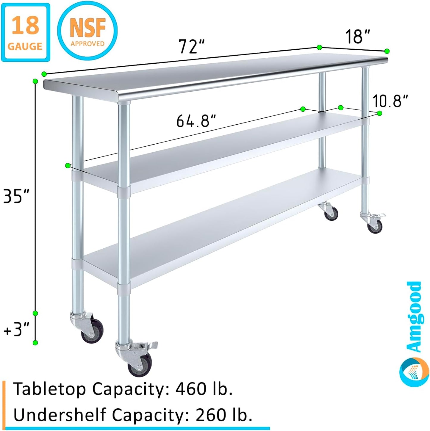 AmGood Stainless Steel Work Table with 2 Shelves and Casters | Metal Utility Table On Wheels (Stainless Steel Work Table with 2 Shelves + Casters, 72" Long x 18" Deep)