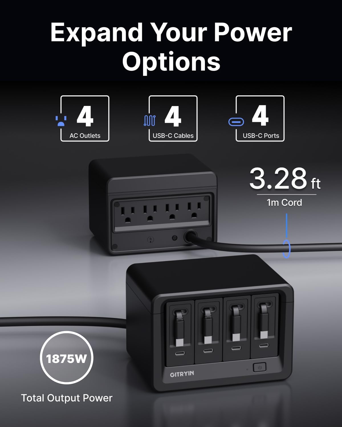 Gitryin 12-in-1 Desktop Charging Station with 4 Retractable Type-C Wall Chargers, 40W USB-C Power Strip with Flat Plug, Extension Cord with 1020J Surge Protection for Home Office