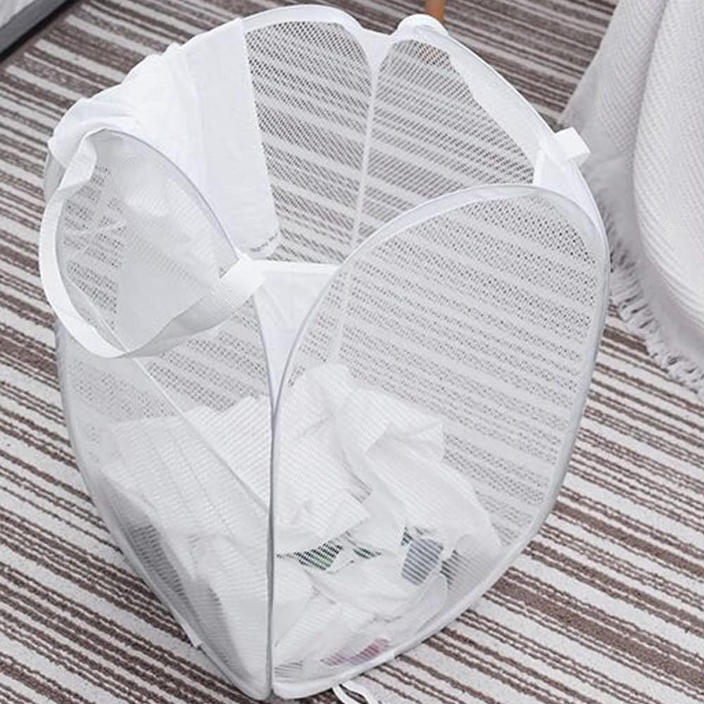Larpur Popup Laundry Basket, Mesh Clothes Hamper Portable Laundry Hamper with Reinforced Carry Handles, Collapsible for Storage (White)
