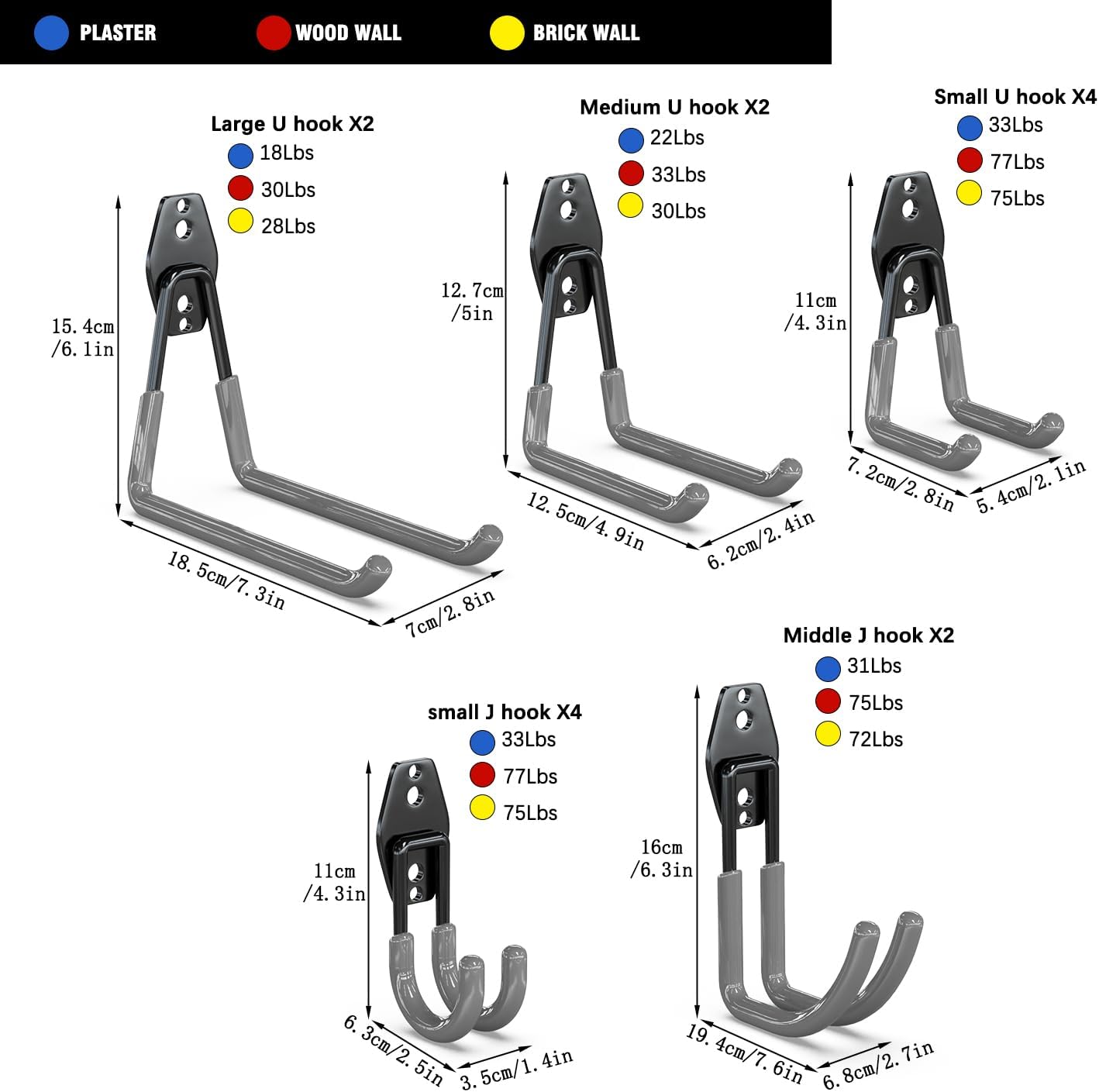 3-H Garage Wall Hooks 14 Pack, Garage Hooks Heavy Duty with Extra Welding Spots, Wall Mount Storage Organizer for Hanging Garden Lawn Tools Ladder Bike WeedEater Chair Shovel Blower (Grey)
