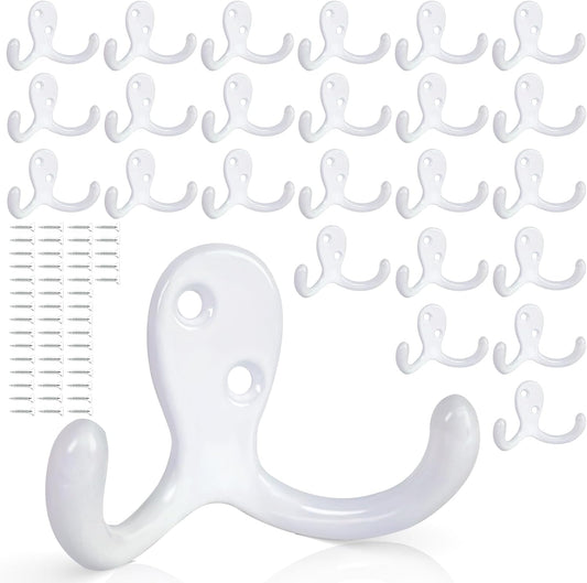 25 Pack Coat Hooks Wall Hooks for Hanging, Heavy Duty Double Prong Metal Hook Wall Mounted for Living Room, Bathroom, Kitchen, Bedroom for Coat, Bag, Scarf, Towel, Hat, Key, Cup (White)