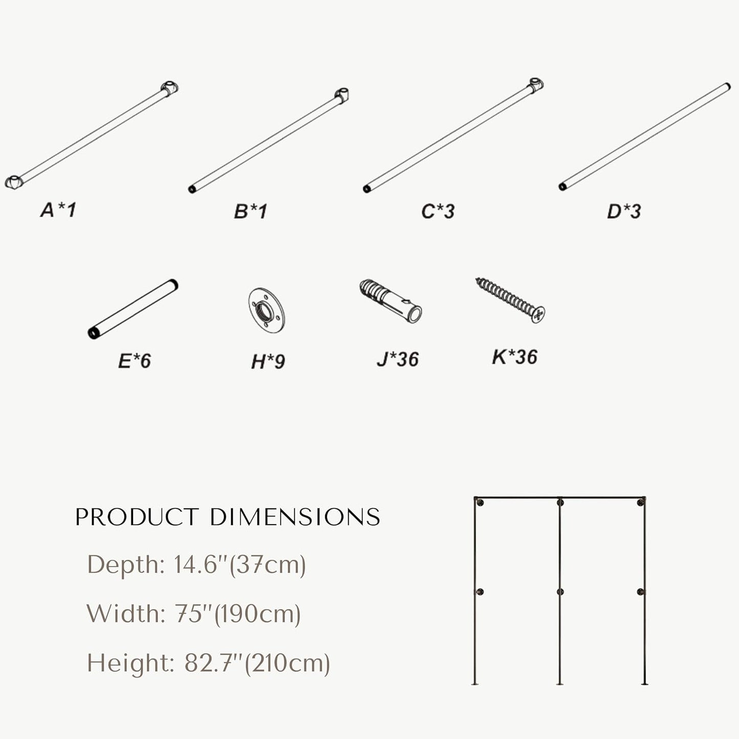 Industrial Pipe Clothing Rack, Heavy Duty Wall Mounted Clothes Rack, Retail Display Hanging Garment Rod for Laundry Rooms, Closet Storage, 14.6x75x82.7 Inches, Model K06