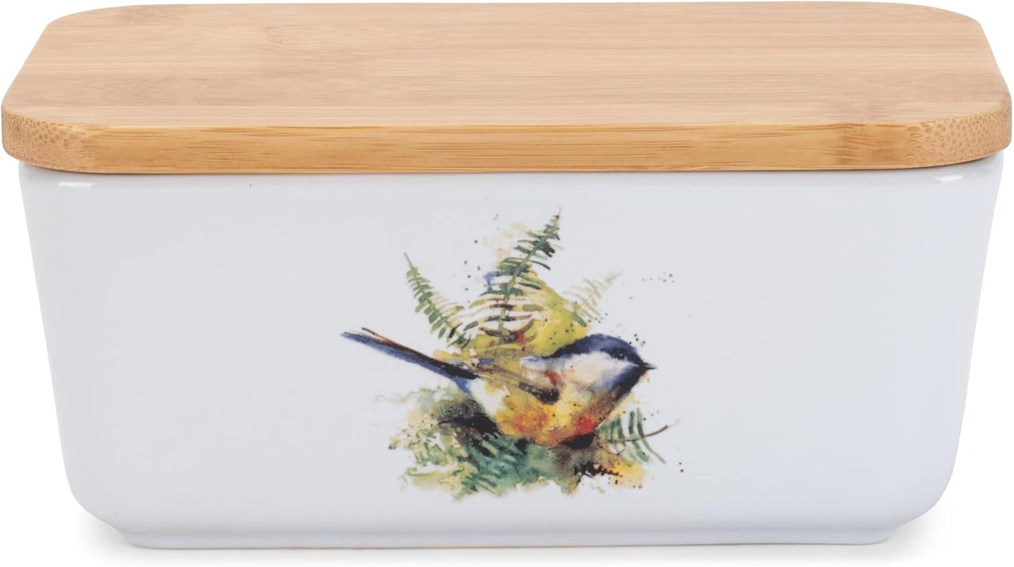 Nat & Jules Dean Crouser Ceramic Stoneware 1/2 Pound, 2 Sticks Butter Dish Airtight Bamboo Lid, Kitchen Accessory, Container Holder, Refrigerator Storage, Countertop Organization, Watercolor Chickadee