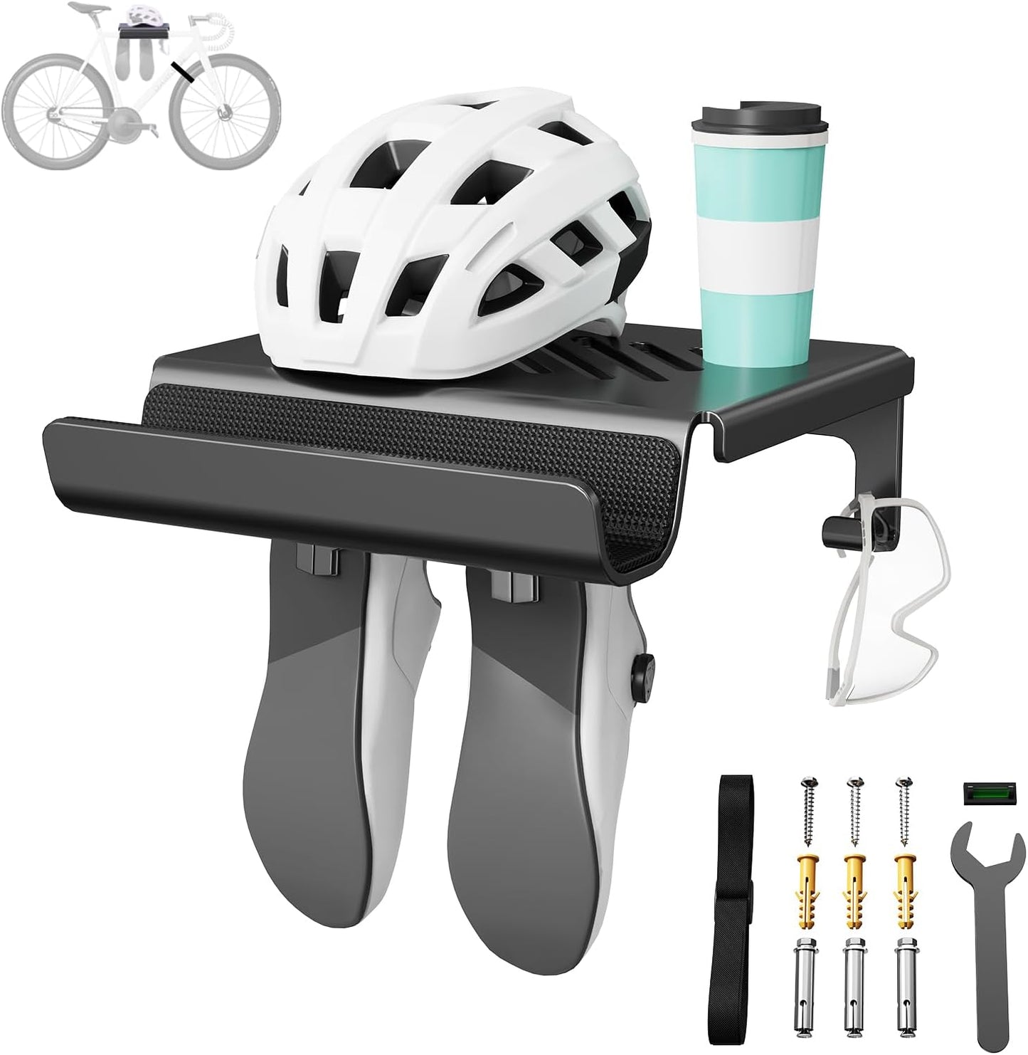 Bike Wall Mount Rack Indoor Bike Storage Garage Bike Rack Wall Mount with Shelf and Hooks Store Your Helmet and Shoes for a Single Road, Mountain or Other Bicycle (Fit Crank Bicycle)