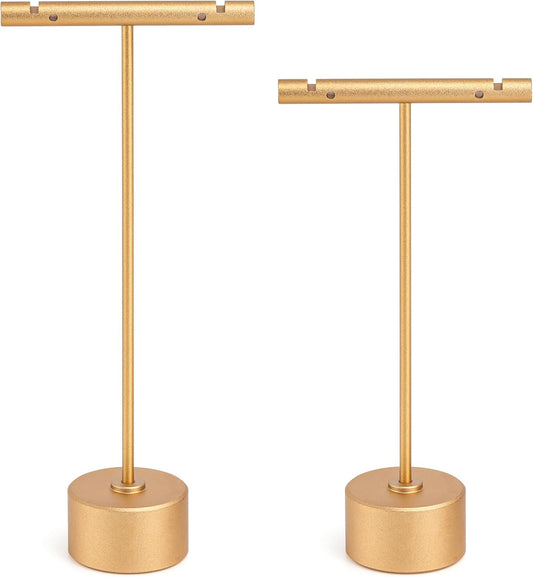 Metal Earring Stand Display Round Base Earring T Bar Display Necklace Bracelet Ring Ear Studs Jewelry Display Rack for Vendors Photography and Showcase, Gold 2pcs Height 5.31" and 4.52"